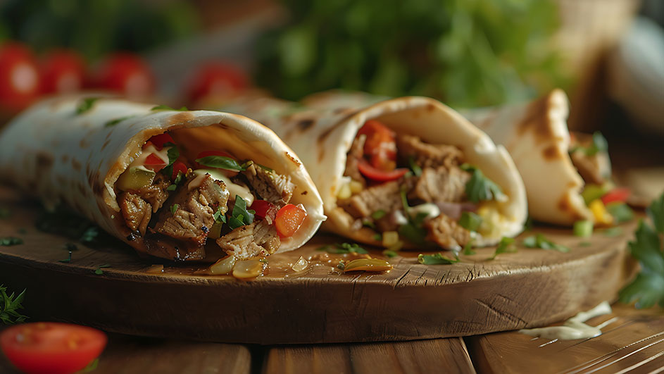 Drie wraps gevuld met vlees en groenten liggen op een houten plank. Achtergrond bevat tomaten en groene bladeren.