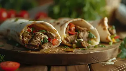 Drie wraps gevuld met vlees en groenten liggen op een houten bord, met tomaten en groene bladeren op de achtergrond.