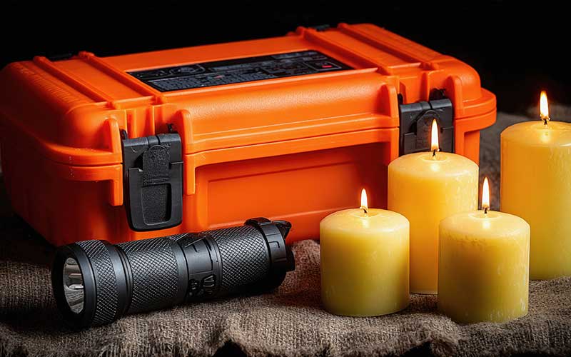 Noodpakket met oranje koffer, brandende kaarsen en een zwarte zaklamp op een jute doek.