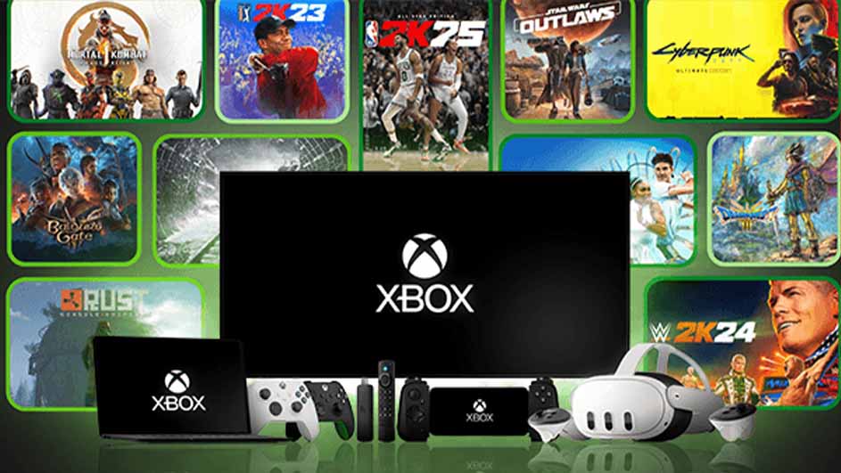 Een scherm met het Xbox-logo, omringd door gamecovers, met een laptop, controllers en een VR-headset.