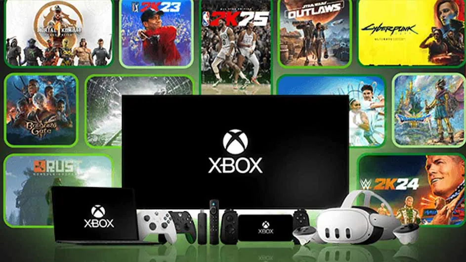 Een scherm met het Xbox-logo, omringd door gamecovers, met een laptop, controllers en een VR-headset.