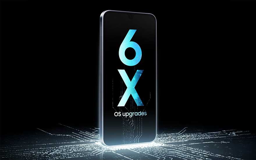 Smartphone toont "6X OS upgrades" op scherm met futuristische blauwe lichteffecten en digitale circuits rondom.