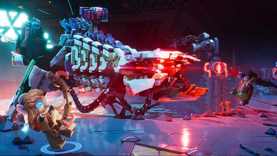 Een Lego-figuur vecht tegen een grote, witte en blauwe robot in een blauwe en rode omgeving.