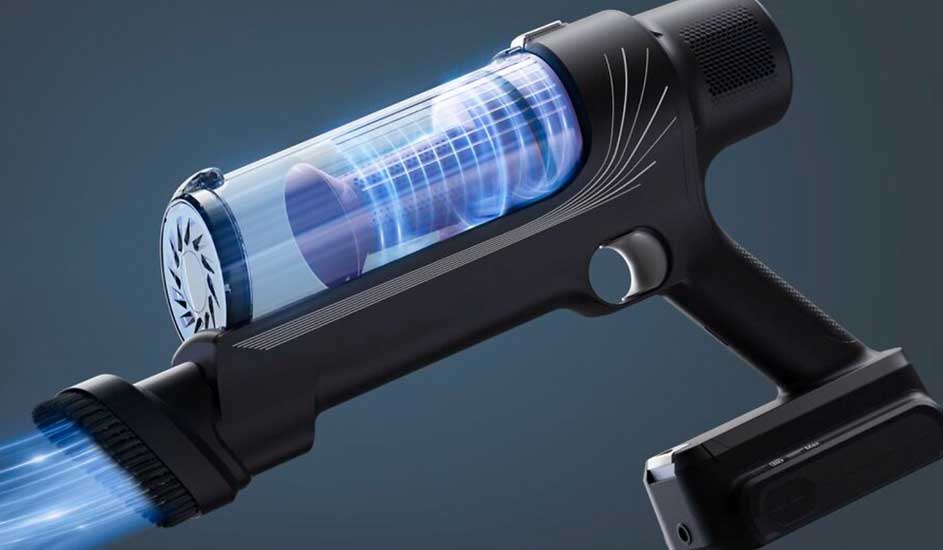A sleek black handheld vacuum reveals its powerful cyclone in the clear chamber as glowing blue airflow streams into the nozzle.