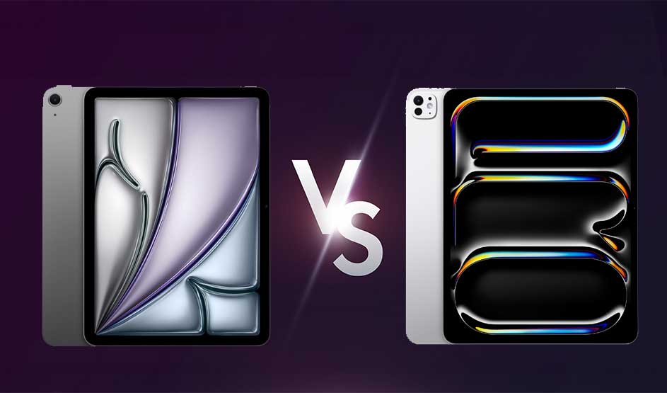 Twee moderne tablets worden vergeleken, links een grijze met paars scherm, rechts een zilveren met donker glanzend patroon en VS ertussen.