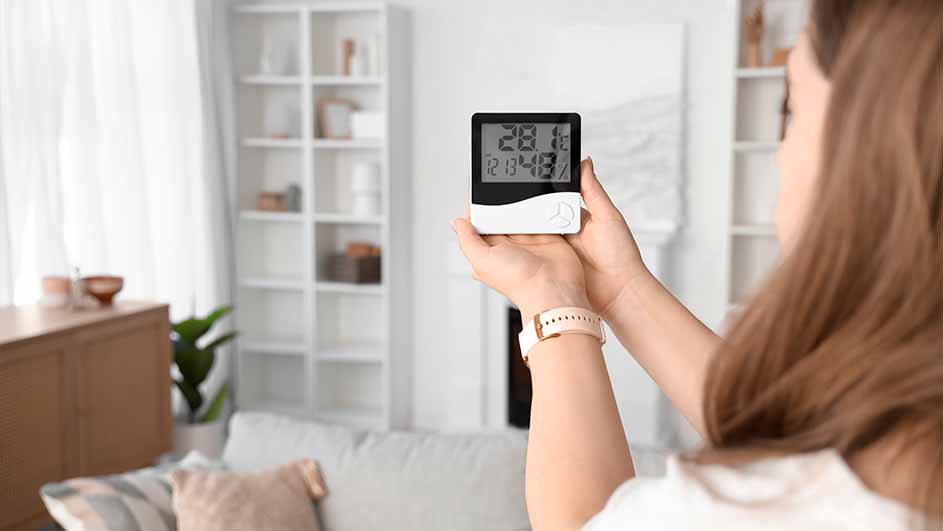 Vrouw houdt een digitale thermometer vast. De thermometer geeft 28 graden en 48% luchtvochtigheid aan. Achtergrond is een woonkamer.