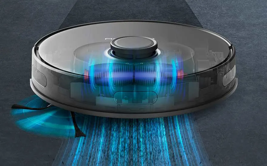 Een moderne robotstofzuiger met blauwe lichtaccenten toont krachtige zuigtechniek, ideaal voor automatisch schoonmaken.