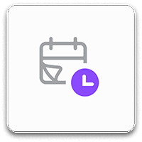 Grijze kalender met een paarse cirkel met een witte "L" op een witte achtergrond.