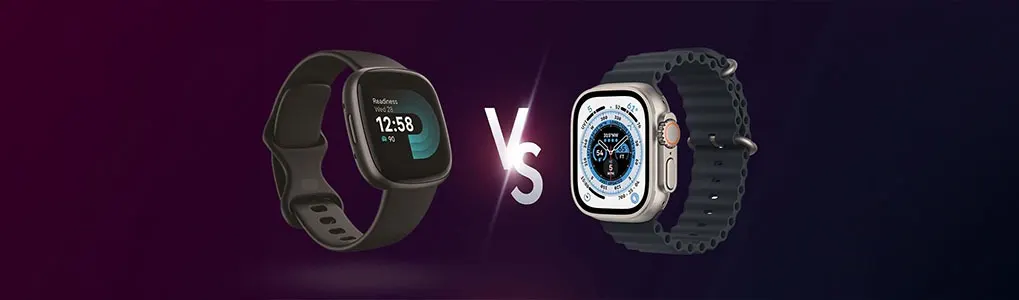 Two smartwatches are displayed on a gradient purple background separated by a white "VS". The watch on the left has a black band and face displaying "12:58".