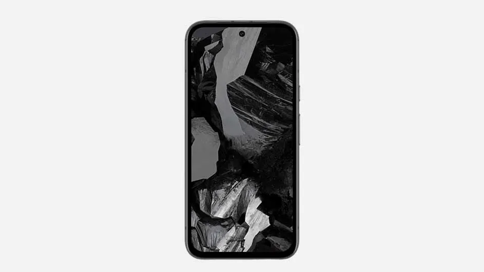 Een smartphone met een zwart scherm toont een abstract grijs en zwart berglandschap.