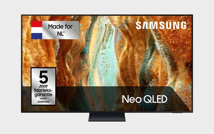 Samsung Neo QLED TV, abstract gold-blue image on the screen, “Made for NL” and five-year manufacturer’s warranty highlighted.