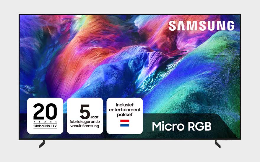 A Samsung Micro RGB TV shows colourful flowing textures, with clear promotional icons displayed along the bottom.