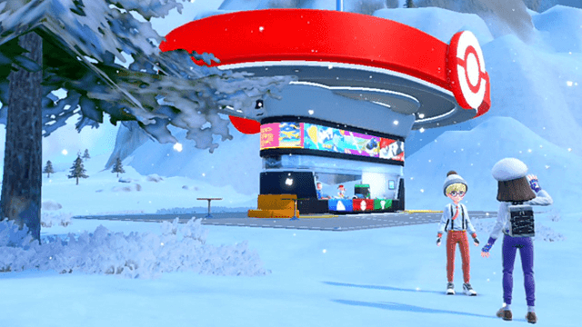 Winterlandschap met twee figuren voor een gebouw met rode, witte en blauwe accenten. Op de achtergrond besneeuwde bergen.