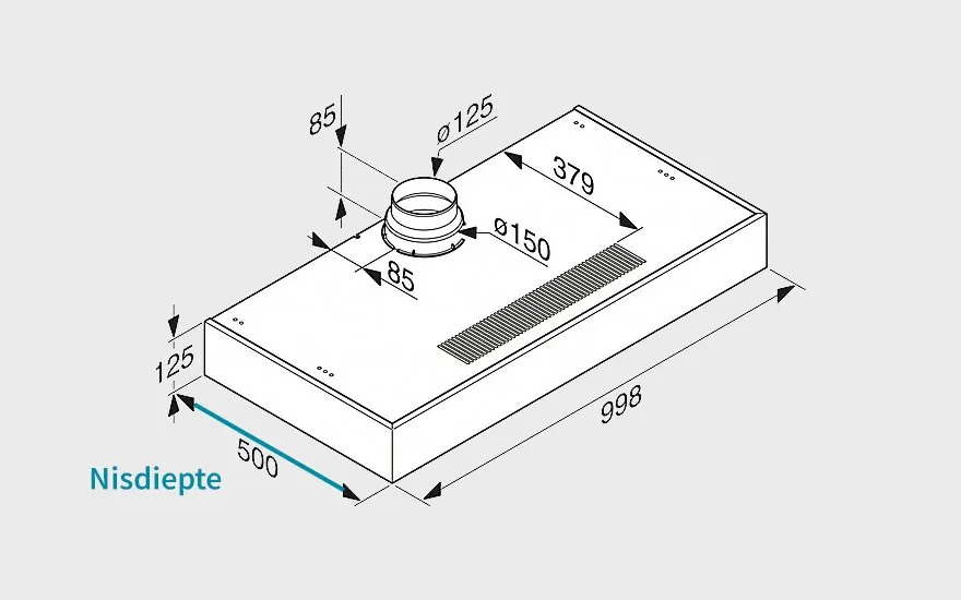 Technical drawing of a cooker hood with dimensions, round duct outlet and highlighted niche depth of 500 millimetres.