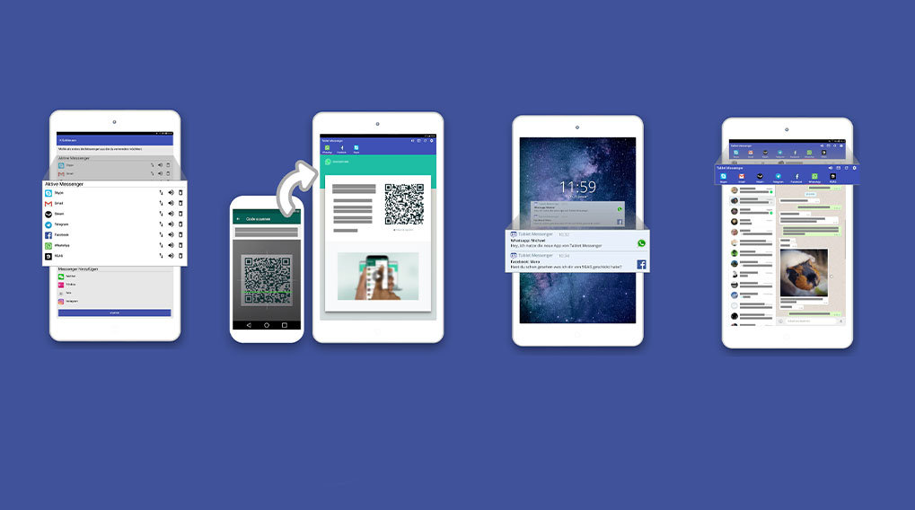 Vier witte smartphones tonen schermen: een met berichten, een met een QR-code, een met meldingen en een met een chatgesprek.