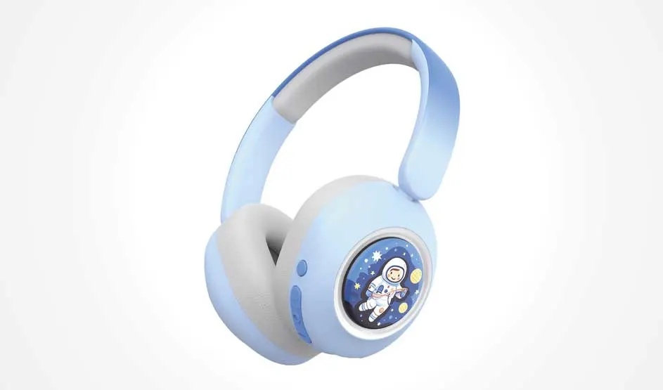 A light blue headset floats against a white background; on the earcup, a cheerful astronaut appears among the stars in space.