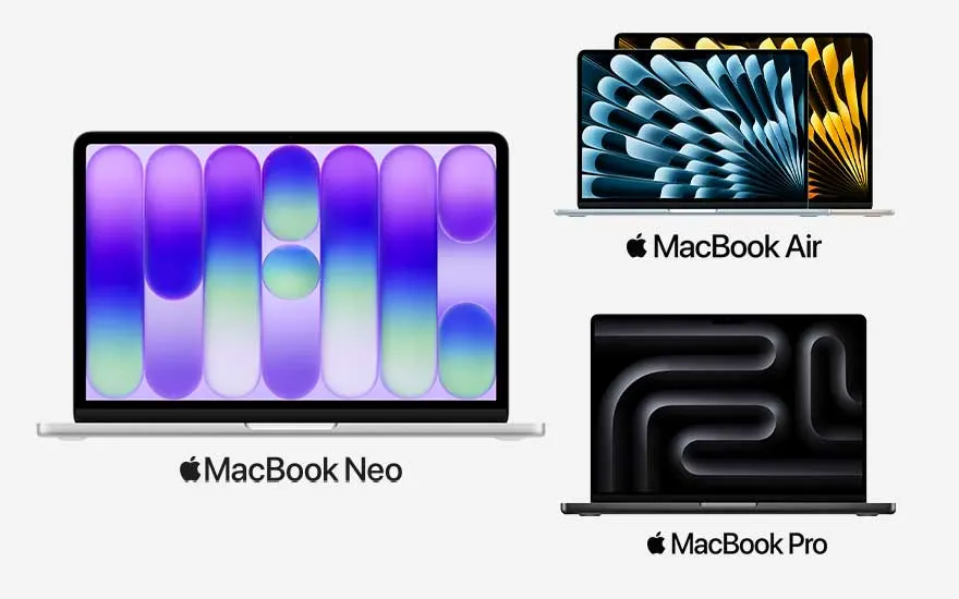 Grote afbeelding van een MacBook Neo met paarse grafische achtergrond naast kleinere MacBook Air en Pro, die verschillende schermstijlen tonen.