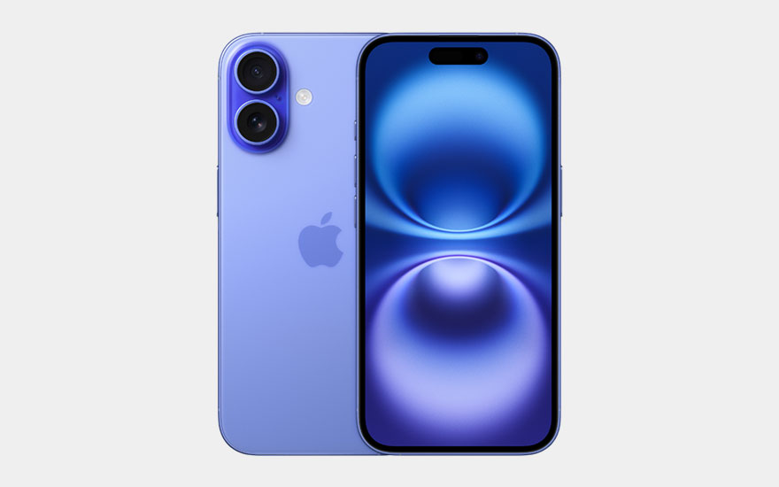Een ultramarijne iPhone 16 met dubbele camera toont een levendig blauw scherm met abstracte cirkelvormige patronen tegen een lichte achtergrond.