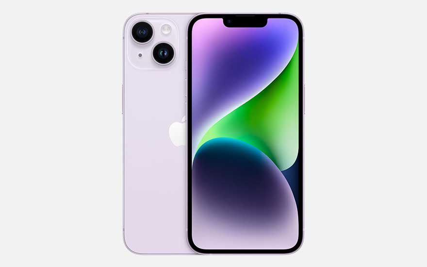 Een paarsachtige iPhone 14 ligt met zijn kleurrijke scherm zichtbaar op de voorkant, terwijl de achterkant zijn dubbele camera toont.
