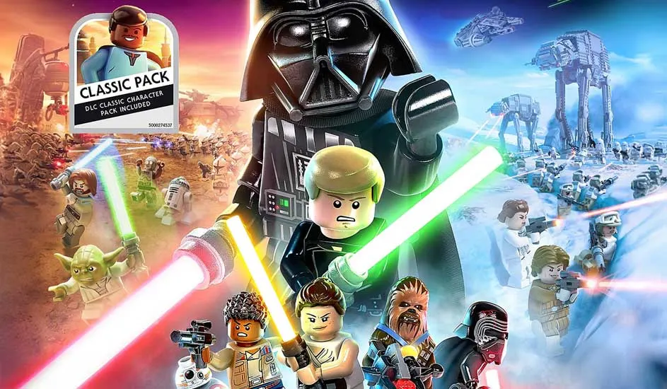 This is a video game. Iconic LEGO Star Wars characters hold lightsabers, surrounded by epic space battles and adventure on both sides.