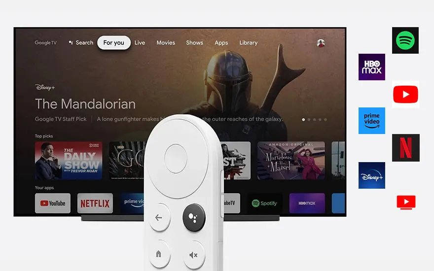 A telly shows streaming apps and The Mandalorian; a white remote stands in front, with app logos displayed on the right.