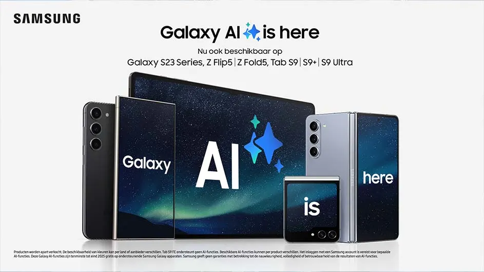 Samsung promoot Galaxy AI op diverse apparaten. Telefoons, een tablet en een opvouwbaar model zijn te zien.