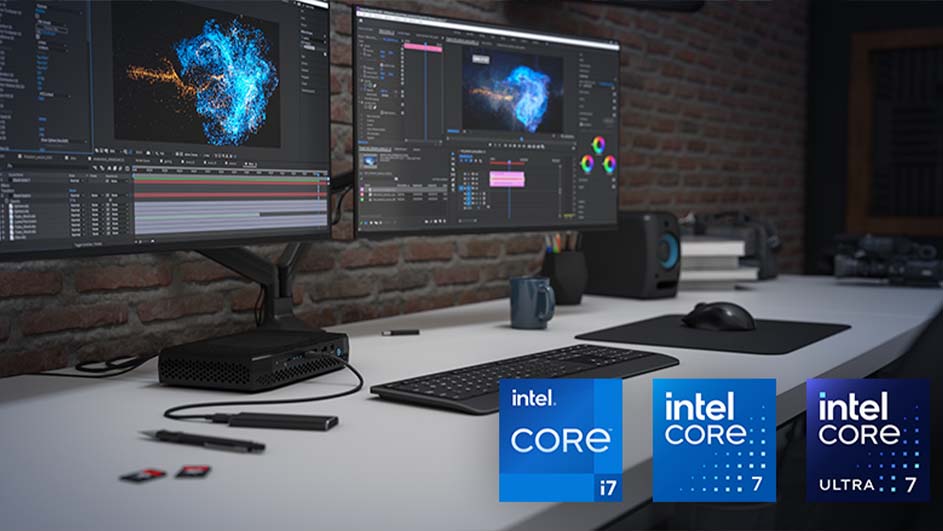 Twee monitoren tonen beelden van bewerkingssoftware. Een bureau met een toetsenbord, muis, en Intel Core logo's.