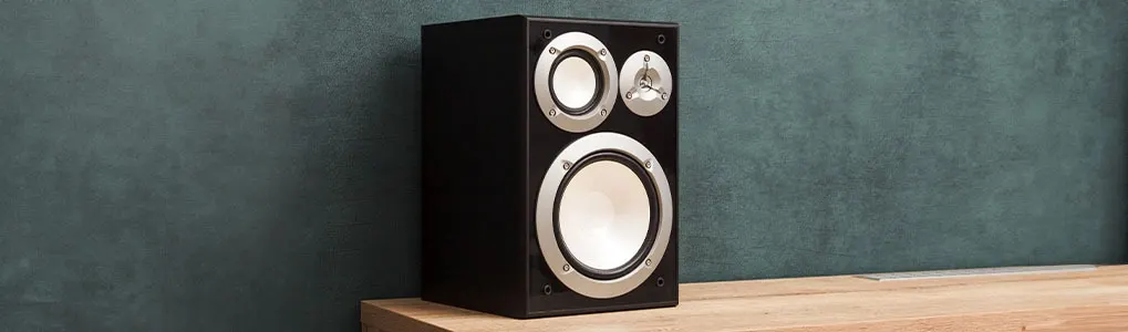 A black speaker with silver rings sits on a wooden surface against a textured dark green wall.