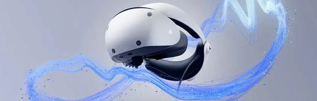 A white virtual reality headset floats above blue light streaks on a pale background.