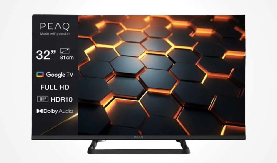 Een 32-inch televisie toont een zwart-oranje honingraatbeeld, met productspecificaties links op het scherm.