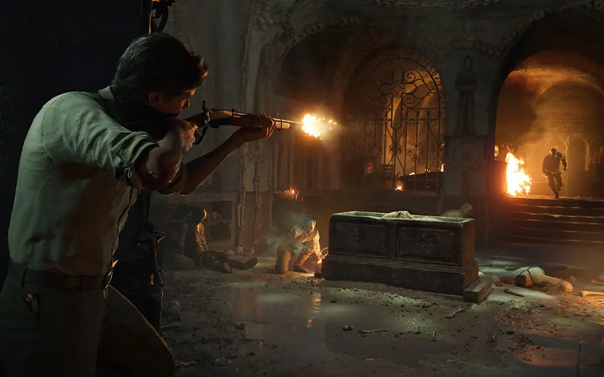 Intense actiegame scene in donkere crypte met gewapende personages, muzzle flash van vuurwapen en dramatische belichting door vlammen.