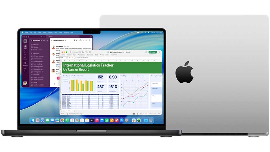 Een zilveren Apple MacBook met open scherm toont grafieken en tabellen. Het Apple-logo is duidelijk zichtbaar op de achterkant van de laptop.