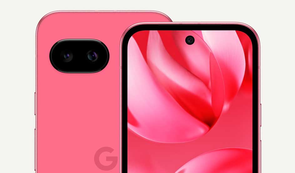 Roze Google Pixel smartphone met dubbele camera achter en een selfiecamera aan de voorkant, opvallend en modern design.
