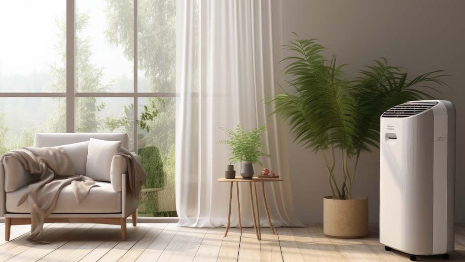 A beige armchair with a blanket is near a window. There's a table, plants, and a portable air conditioner.