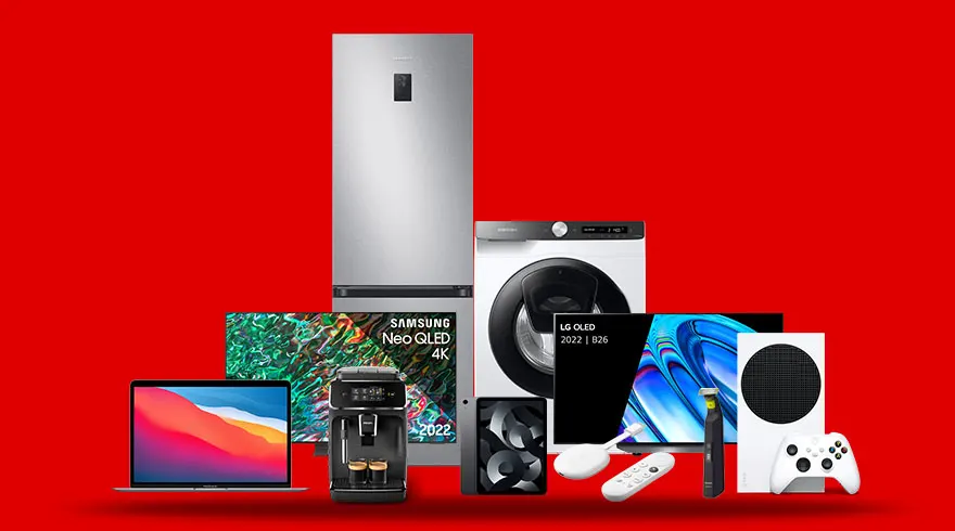 Rode achtergrond met laptop, koelkast, wasmachine, koffiezetapparaat, tv's, spelconsole en accessoires.