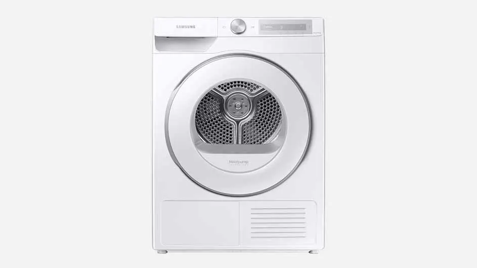 Vooraanzicht van een witte Samsung 6000-serie warmtepompdroger met een ronde zilverkleurige deur en een bedieningspaneel bovenaan met een centrale draaiknop en display.