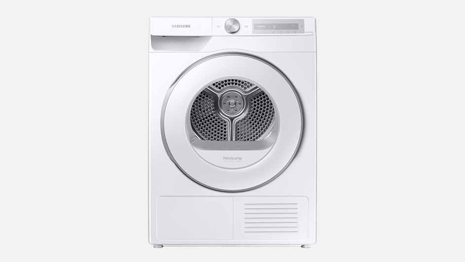 A white Samsung tumble dryer with a round silver door and digital display is shown on a plain background, ready for efficient laundry drying.