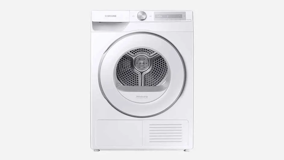 A white Samsung tumble dryer with a round silver door and digital display is shown on a plain background, ready for efficient laundry drying.