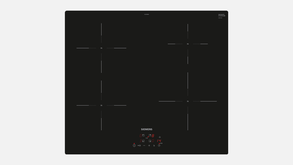 A black Siemens induction cooktop with four cooking zones and a control panel at the bottom.