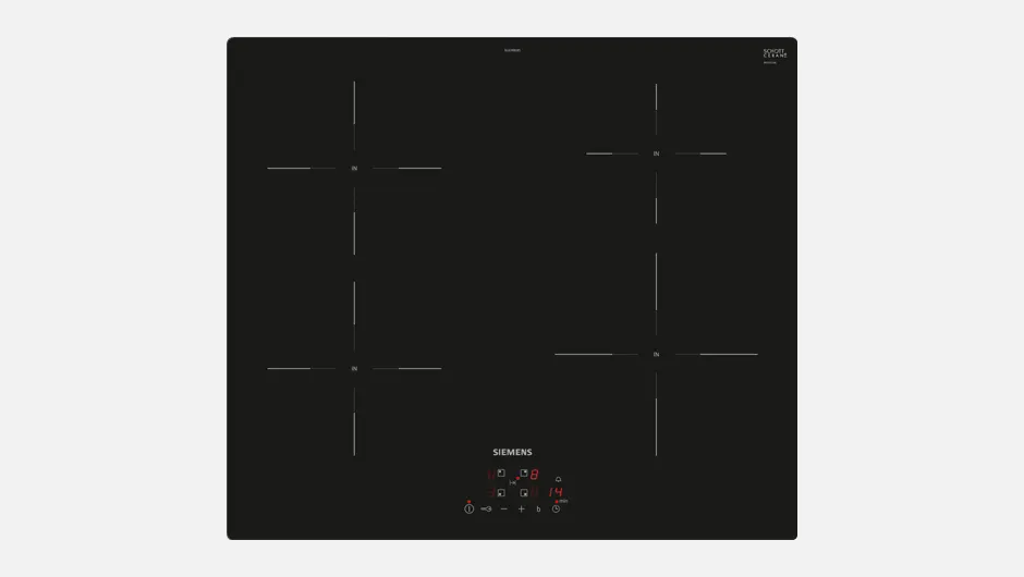 A black Siemens induction cooktop with four cooking zones and a control panel at the bottom.