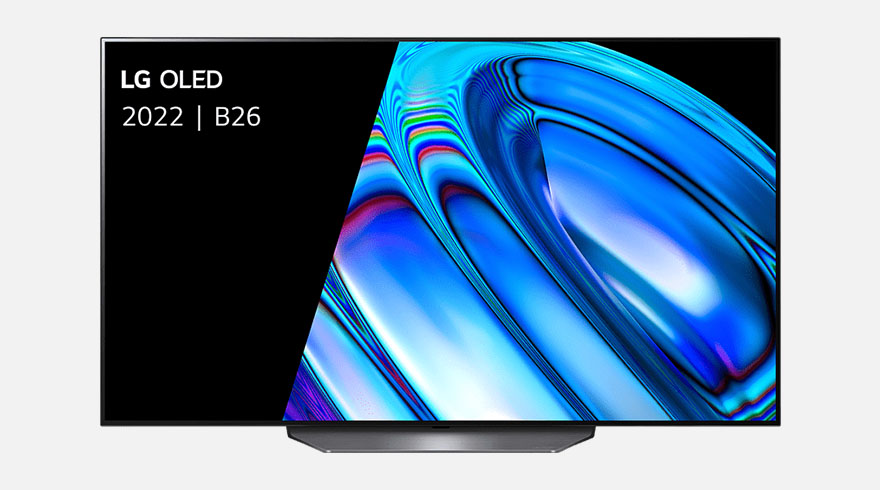 Een LG OLED 2022 B26 televisie met een blauw scherm en een zwarte achtergrond.