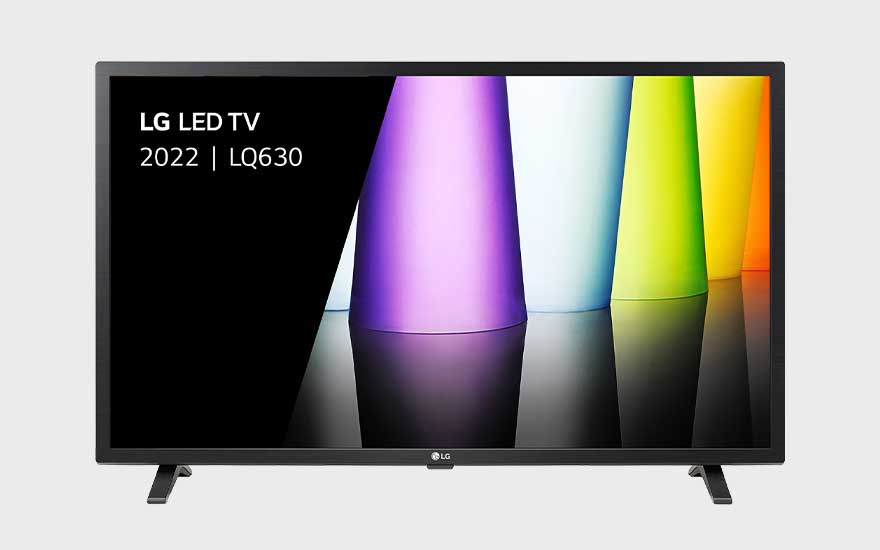 LG LED-tv uit 2022, model LQ630, met kleurrijke verlichte kegels op het scherm. Strak ontwerp met eenvoudige standaard.
