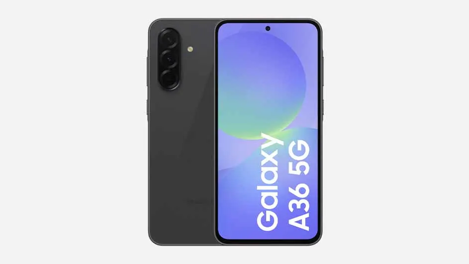 Twee telefoons: een grijze met drie camera's en een met "Galaxy A36 5G" op een blauw scherm.