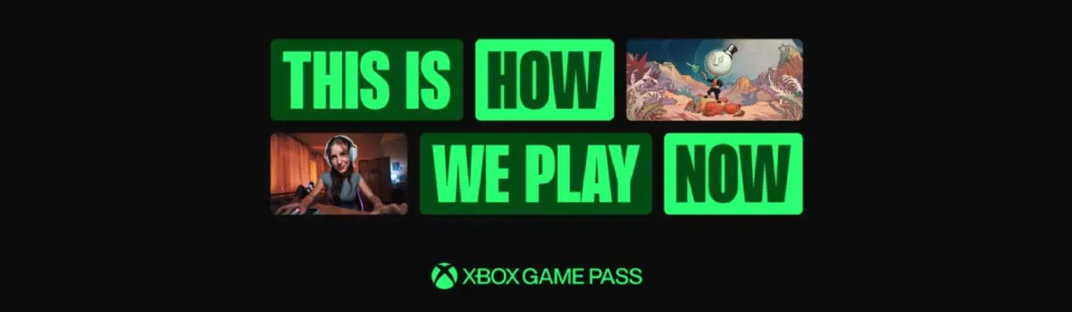 Banner met groene tekst “This is how we play now”, beelden van een gamer en een gamescène, en onderaan het logo van Xbox Game Pass op zwarte achtergrond.