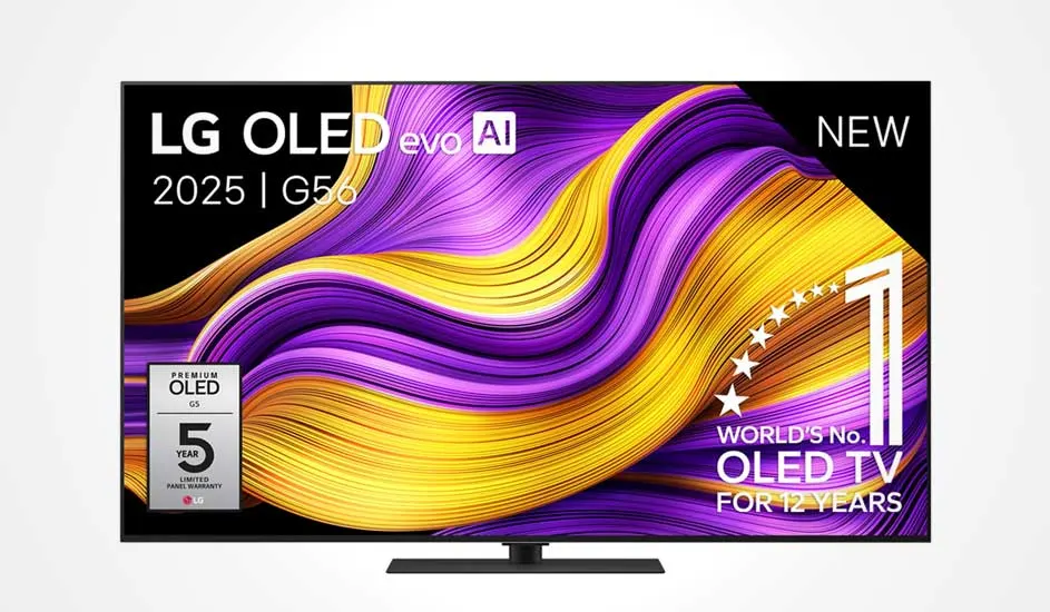 Een LG OLED evo AI TV met kleurrijk paars-geel scherm, modeljaar 2025, vijf jaar garantie en de vermelding ‘No.1 OLED TV’.