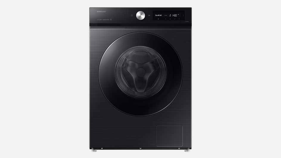 A black Samsung washing machine with a large round door and digital display is shown on a light background, ready for use.