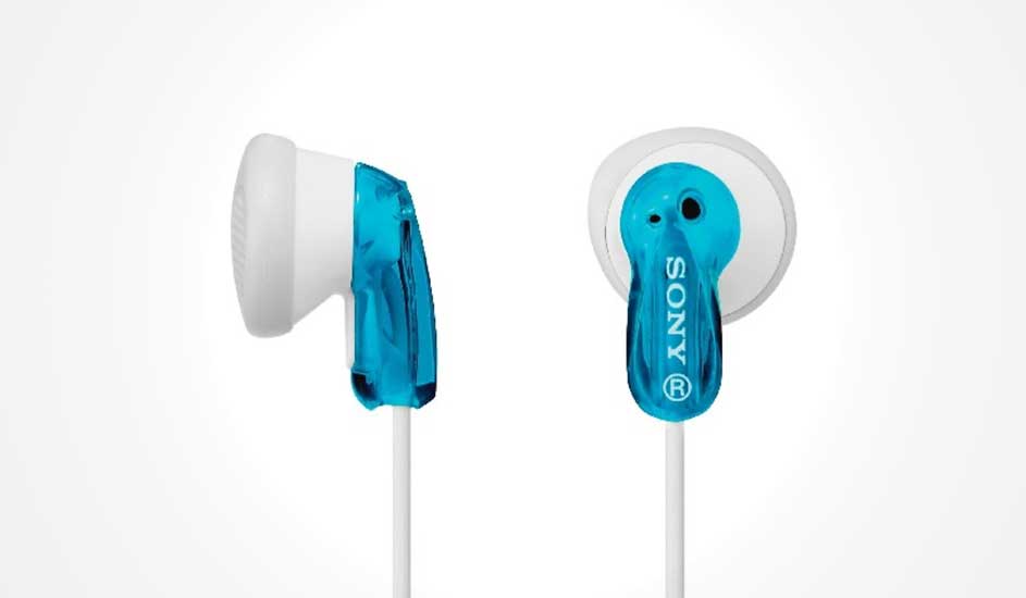 White wired earbuds with glossy blue sides, shown close-up on a pale background, with the brand name clearly visible.