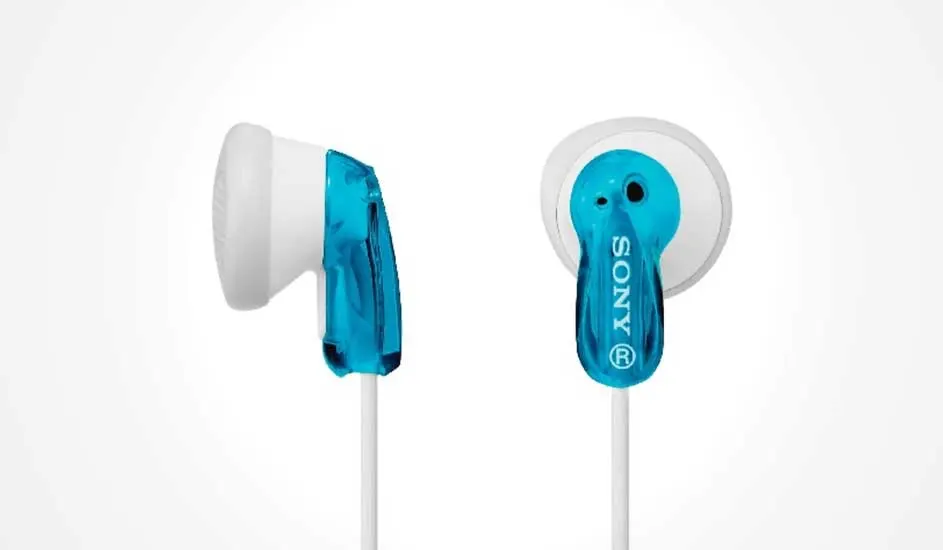 White wired earbuds with glossy blue sides, shown close-up on a pale background, with the brand name clearly visible.