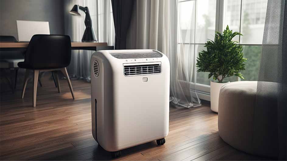 A white portable air conditioner sits on a wood floor in a room with a desk, chair, plant, and ottoman. Curtains hang by a window.