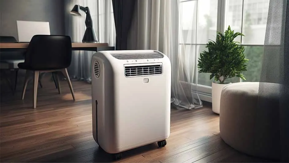 A white portable air conditioner sits on a wood floor in a room with a desk, chair, plant, and ottoman. Curtains hang by a window.